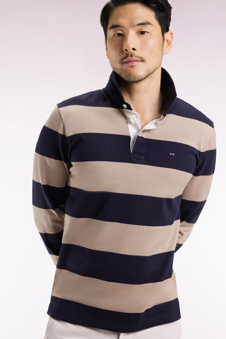 Long-sleeved jersey with beige and black rugby stripes