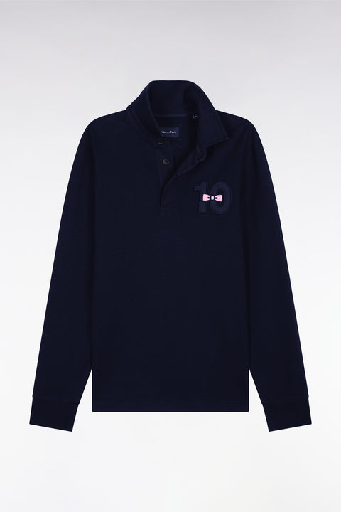 Long-sleeved jersey in thick navy cotton jersey with embroidered straight cut - Image 2