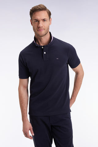 Short-sleeved polo shirt in navy Pima cotton with striped undercollar, straight cut