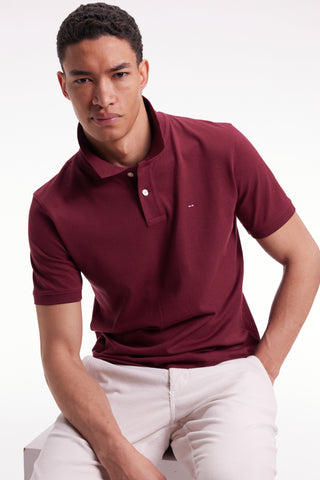 Short-sleeved polo shirt in burgundy Pima cotton, straight cut