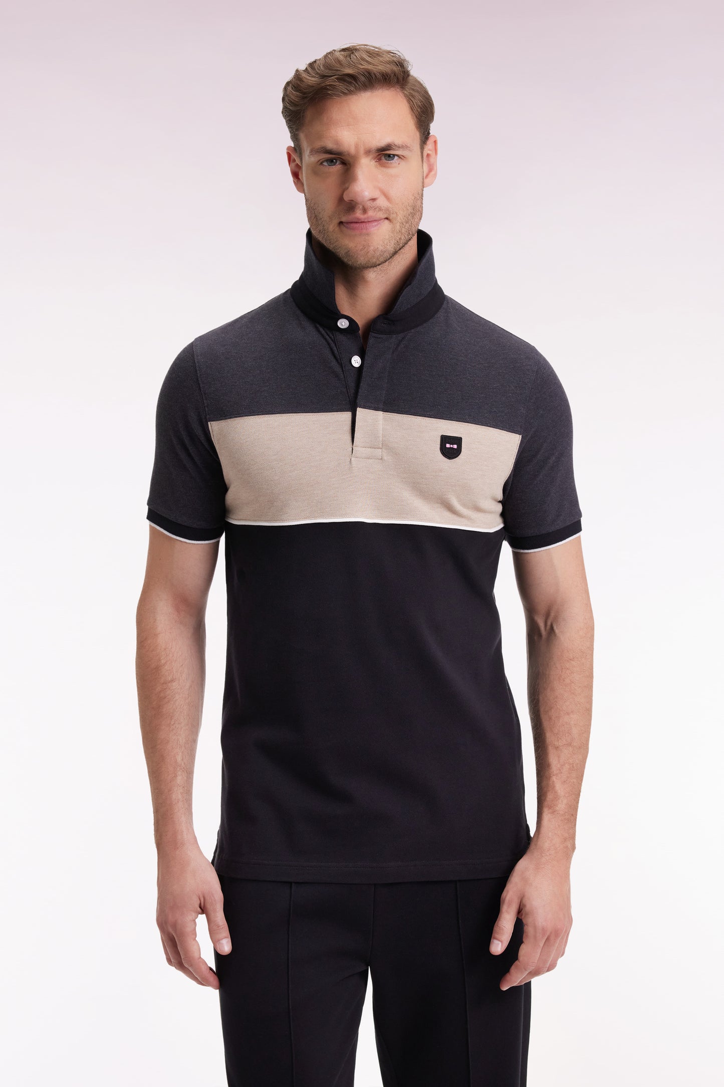 Three-tone short-sleeved polo shirt in grey stretch cotton piqué with slim fit