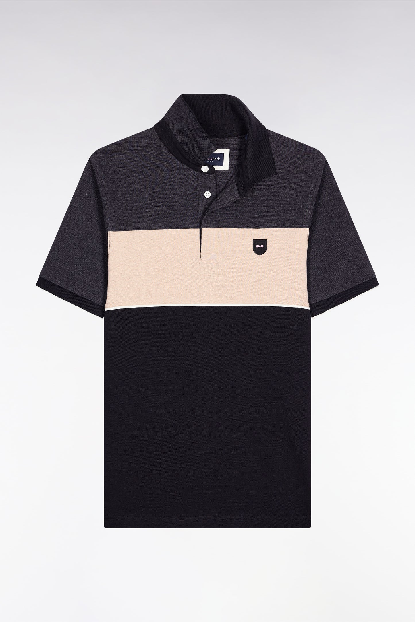 Three-tone short-sleeved polo shirt in grey stretch cotton piqué with slim fit