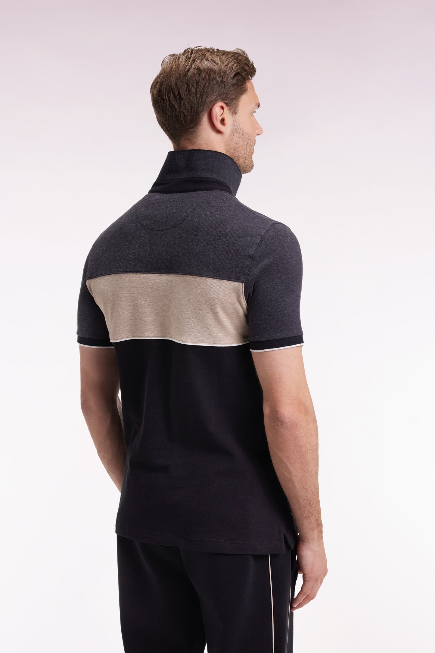 Three-tone short-sleeved polo shirt in grey stretch cotton piqué with slim fit