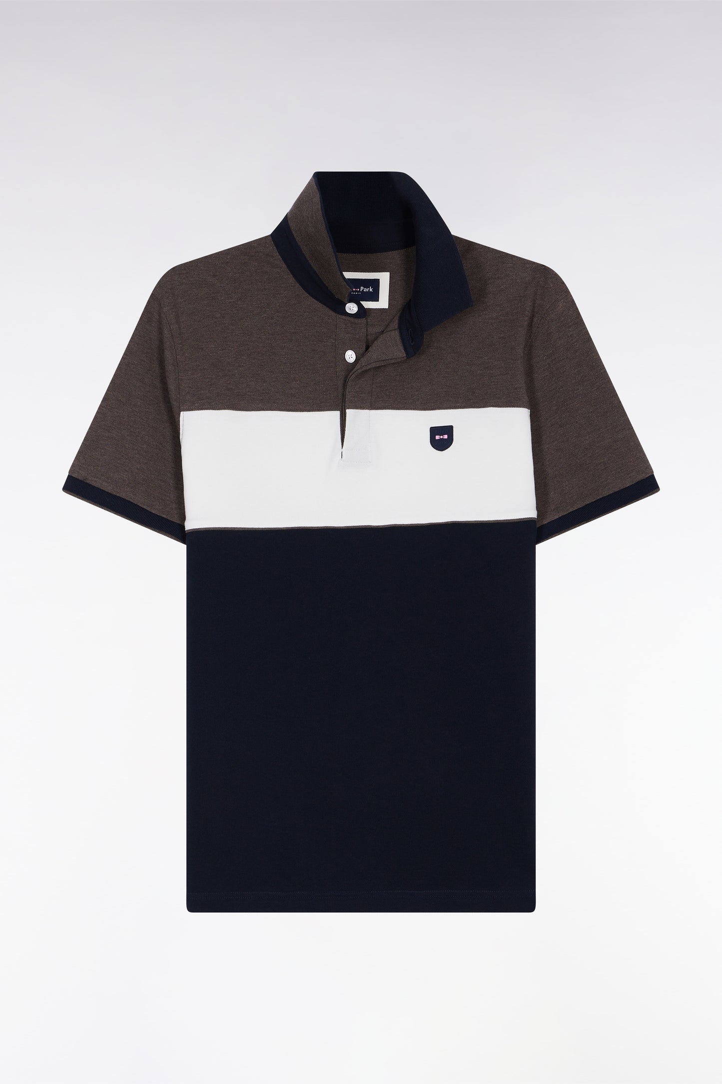 Three-tone short-sleeved polo shirt in brown stretch cotton piqué, slim fit