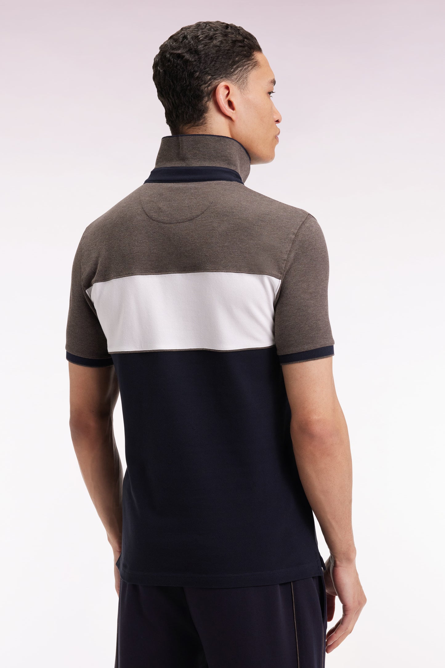 Three-tone short-sleeved polo shirt in brown stretch cotton piqué, slim fit