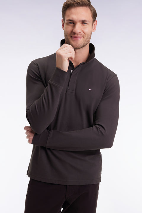 Polo à manches longues en coton stretch marron coupe slim - Image 3