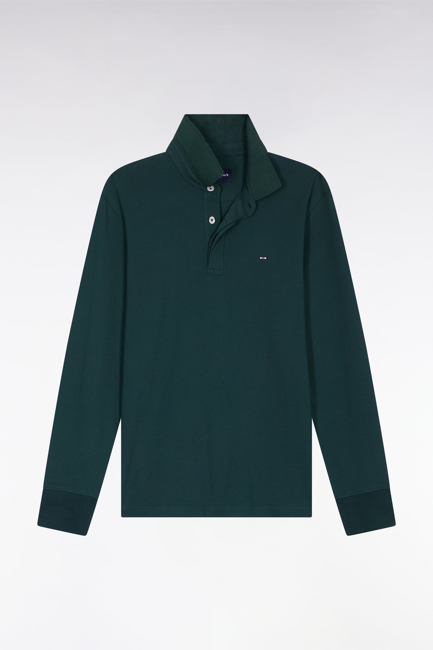 Long-sleeved polo shirt in bottle-green stretch cotton, slim fit