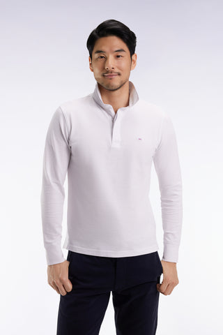 Long-sleeved polo shirt in white stretch cotton, slim fit