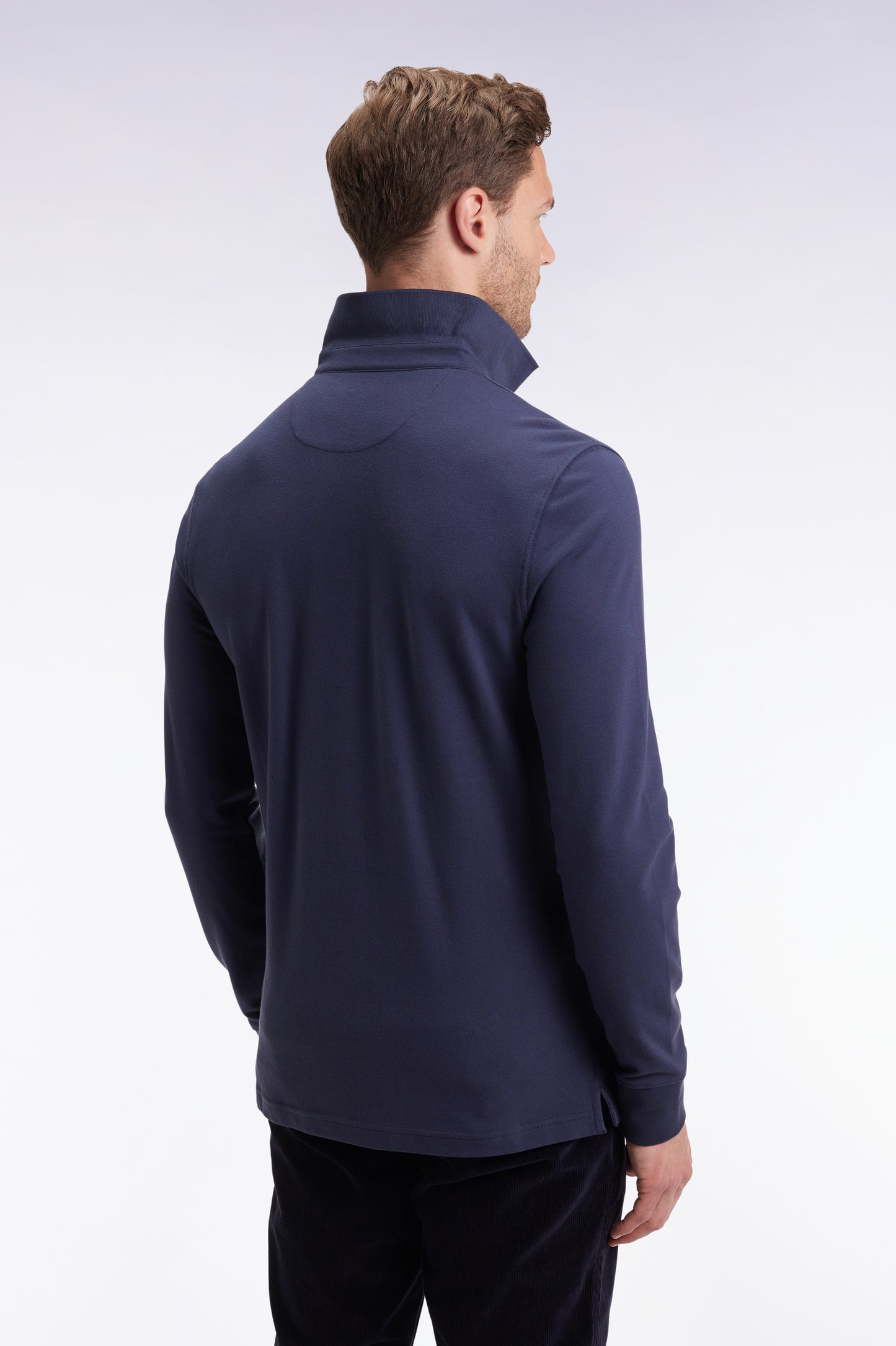Long-sleeved polo shirt in grey stretch cotton, slim fit