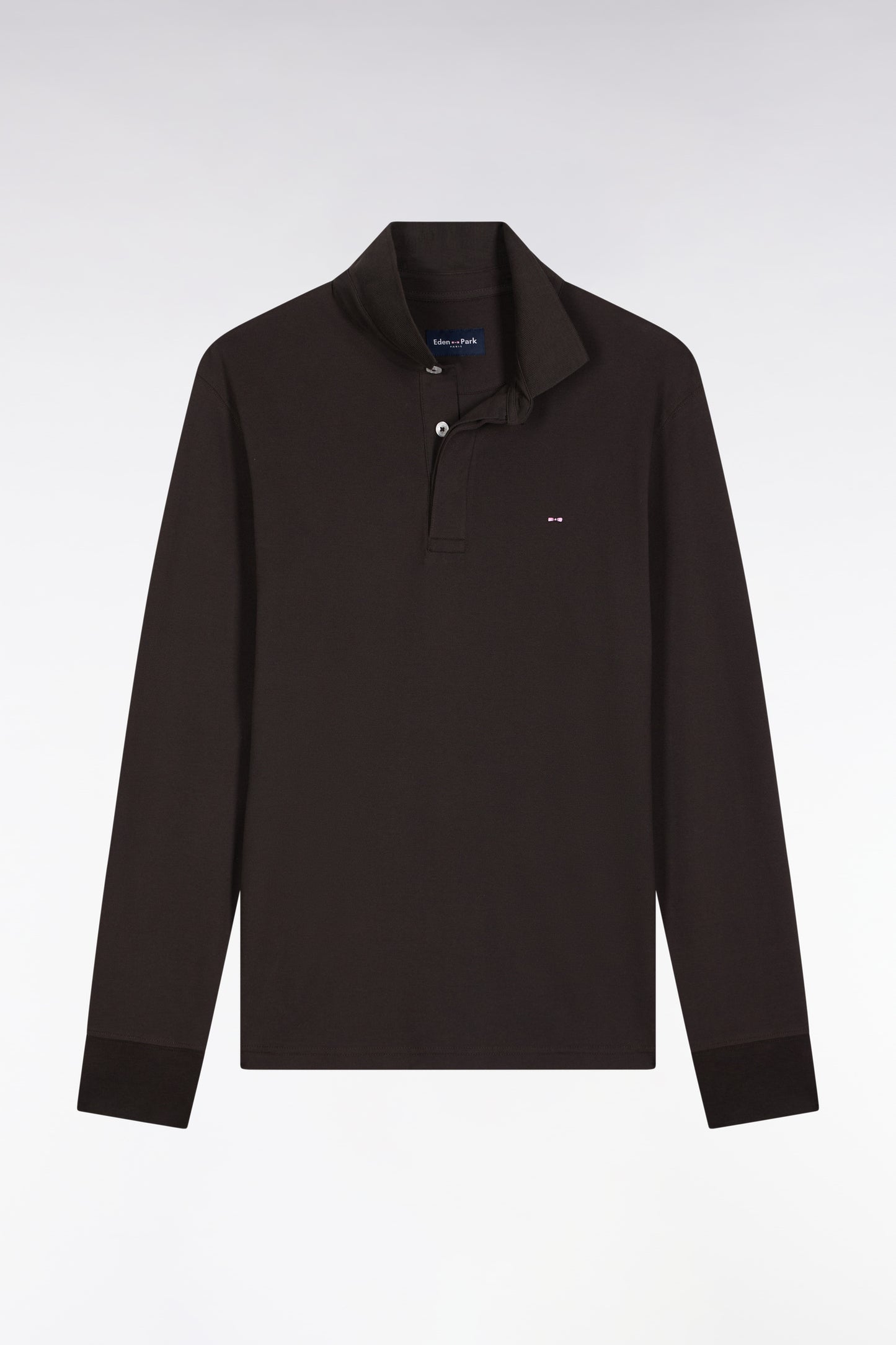 Long-sleeved polo shirt in brown stretch cotton, slim fit