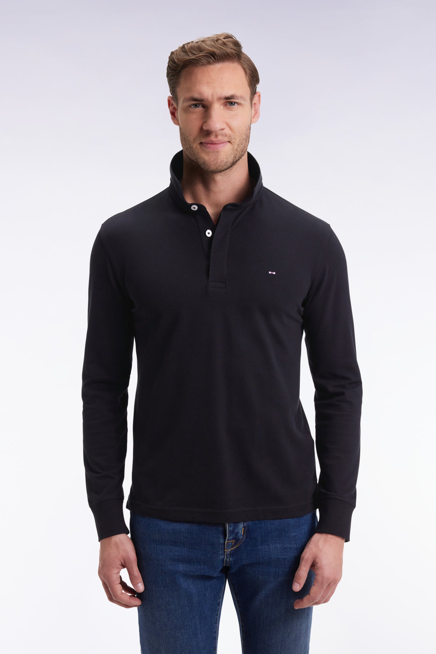 Long-sleeved polo shirt in black stretch cotton, slim fit