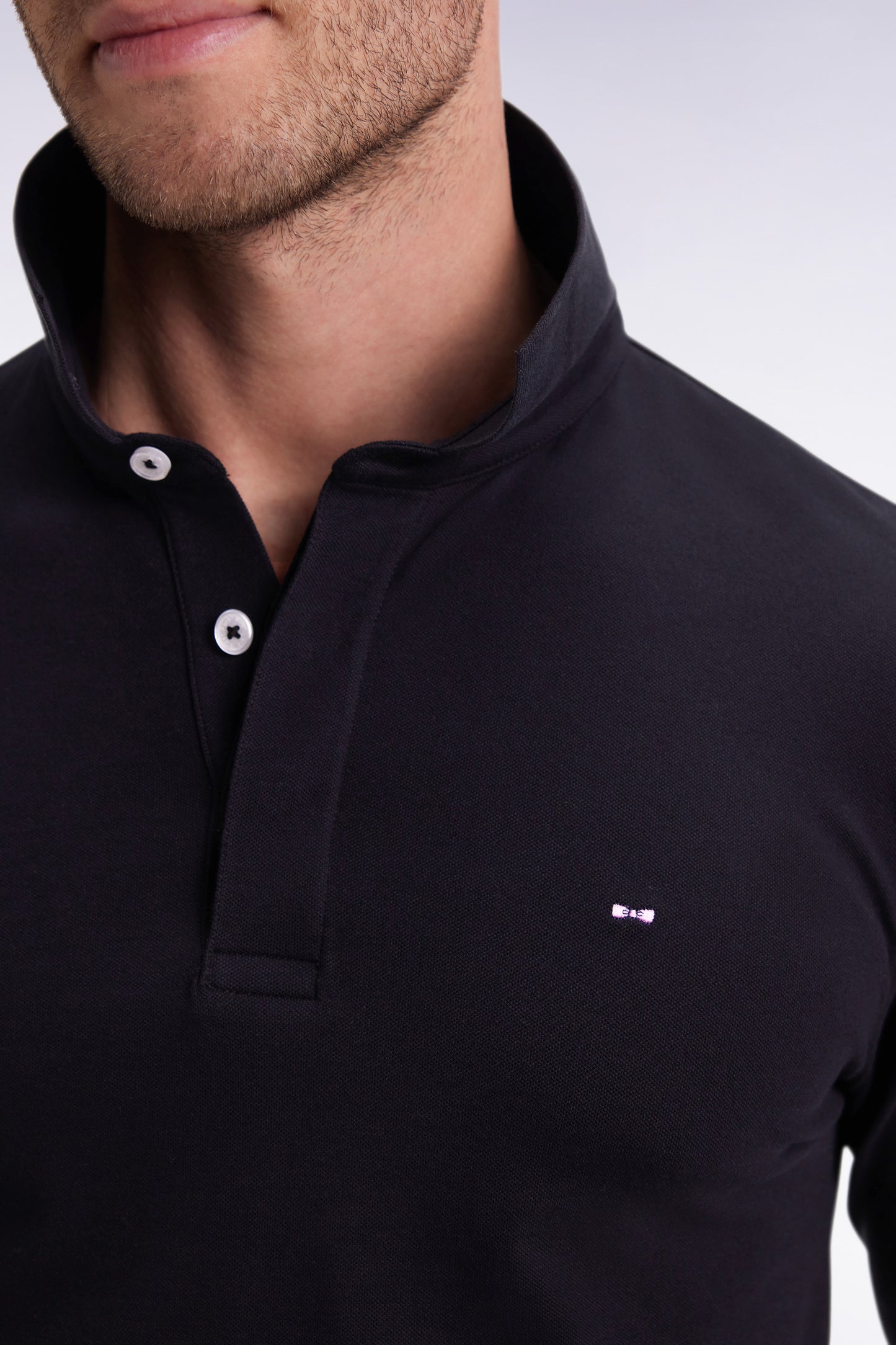 Long-sleeved polo shirt in black stretch cotton, slim fit