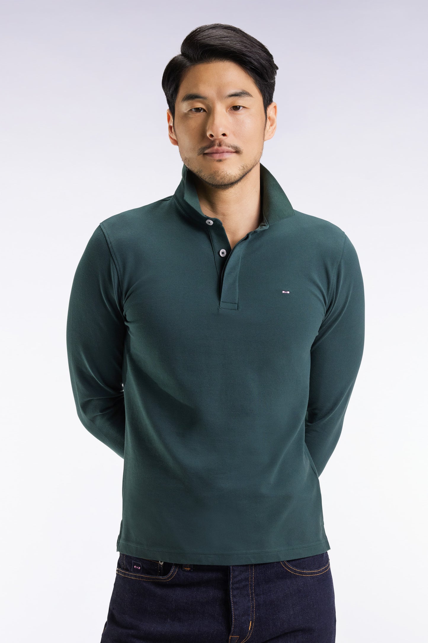 Long-sleeved polo shirt in bottle-green stretch cotton, slim fit