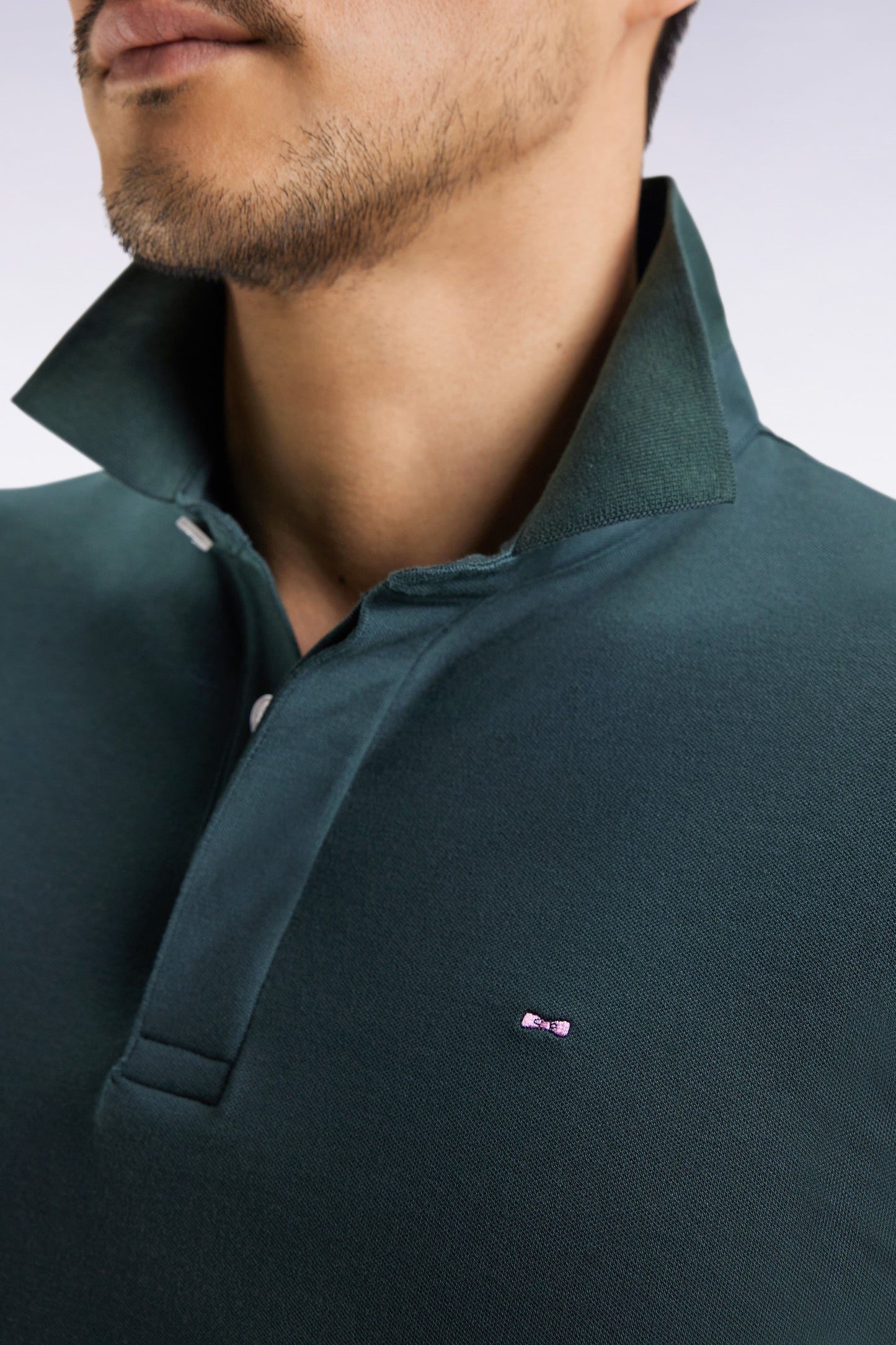 Long-sleeved polo shirt in bottle-green stretch cotton, slim fit