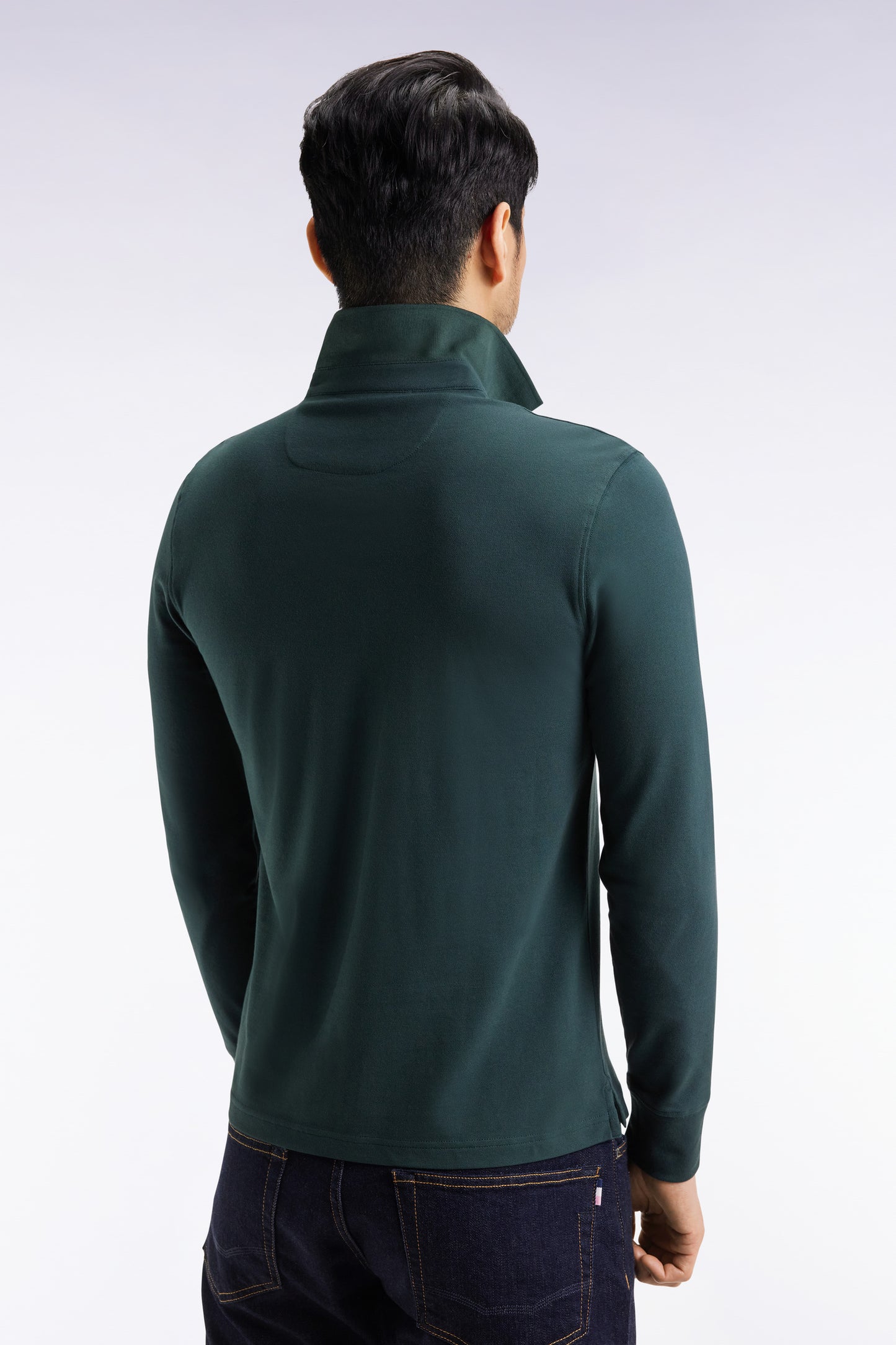 Long-sleeved polo shirt in bottle-green stretch cotton, slim fit