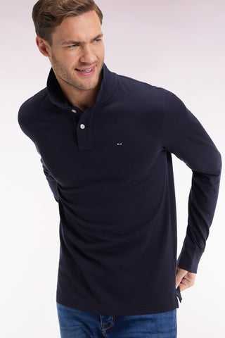 Long-sleeved polo shirt in straight-cut navy Pima cotton