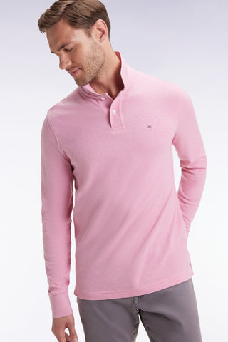 Long-sleeved polo shirt in pink mottled cotton, straight cut