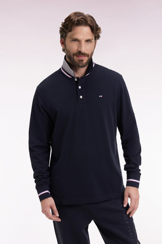 Relaxed fit long-sleeved polo shirt in navy cotton