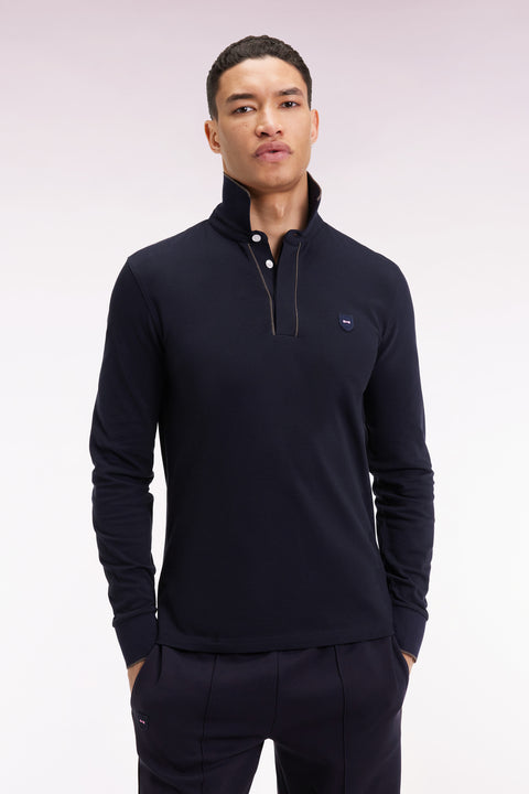 Polo à manches longues en coton stretch marine passepoilé coupe slim - Image 1