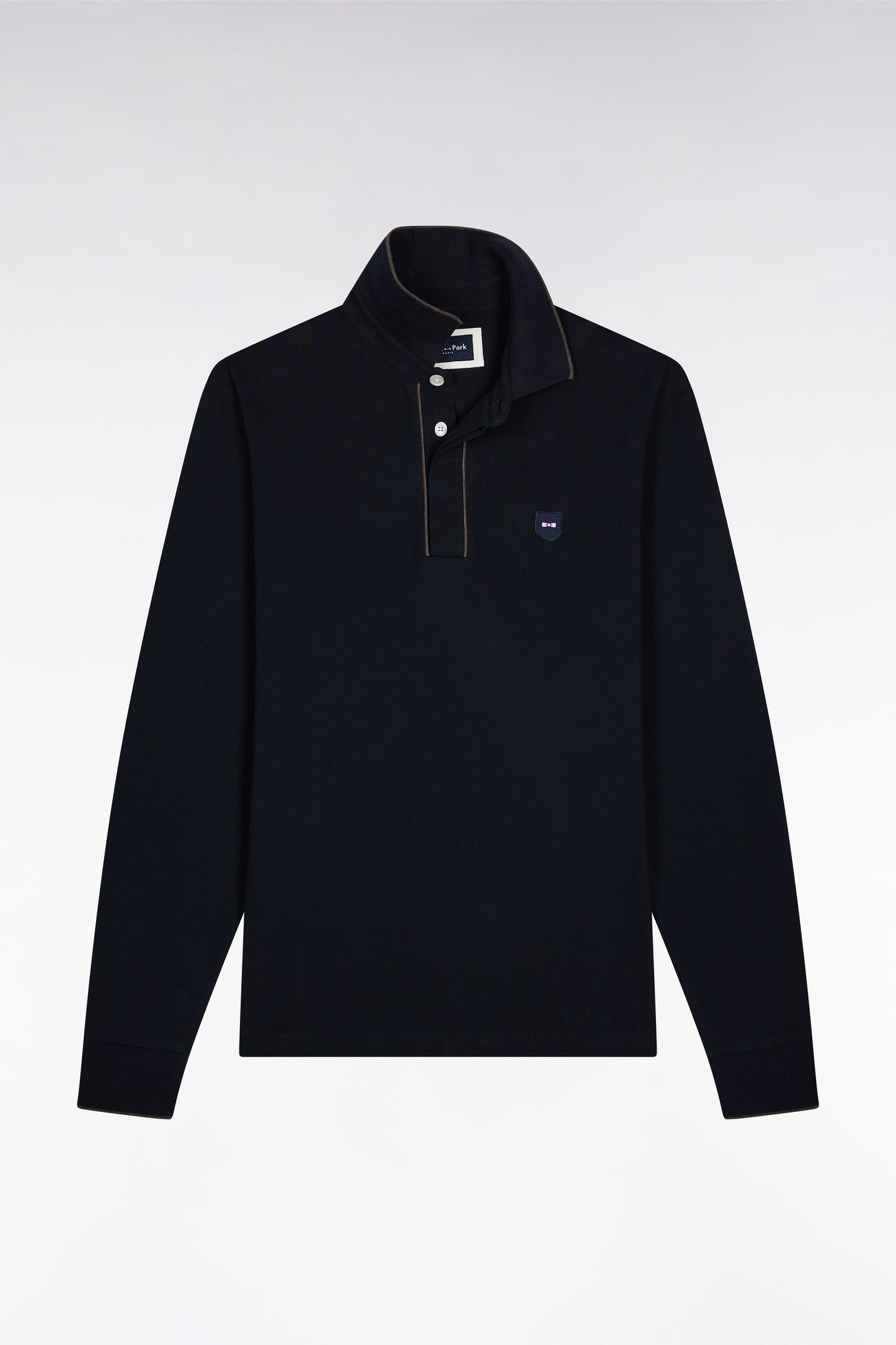 Long-sleeved polo shirt in navy stretch cotton with piping, slim fit