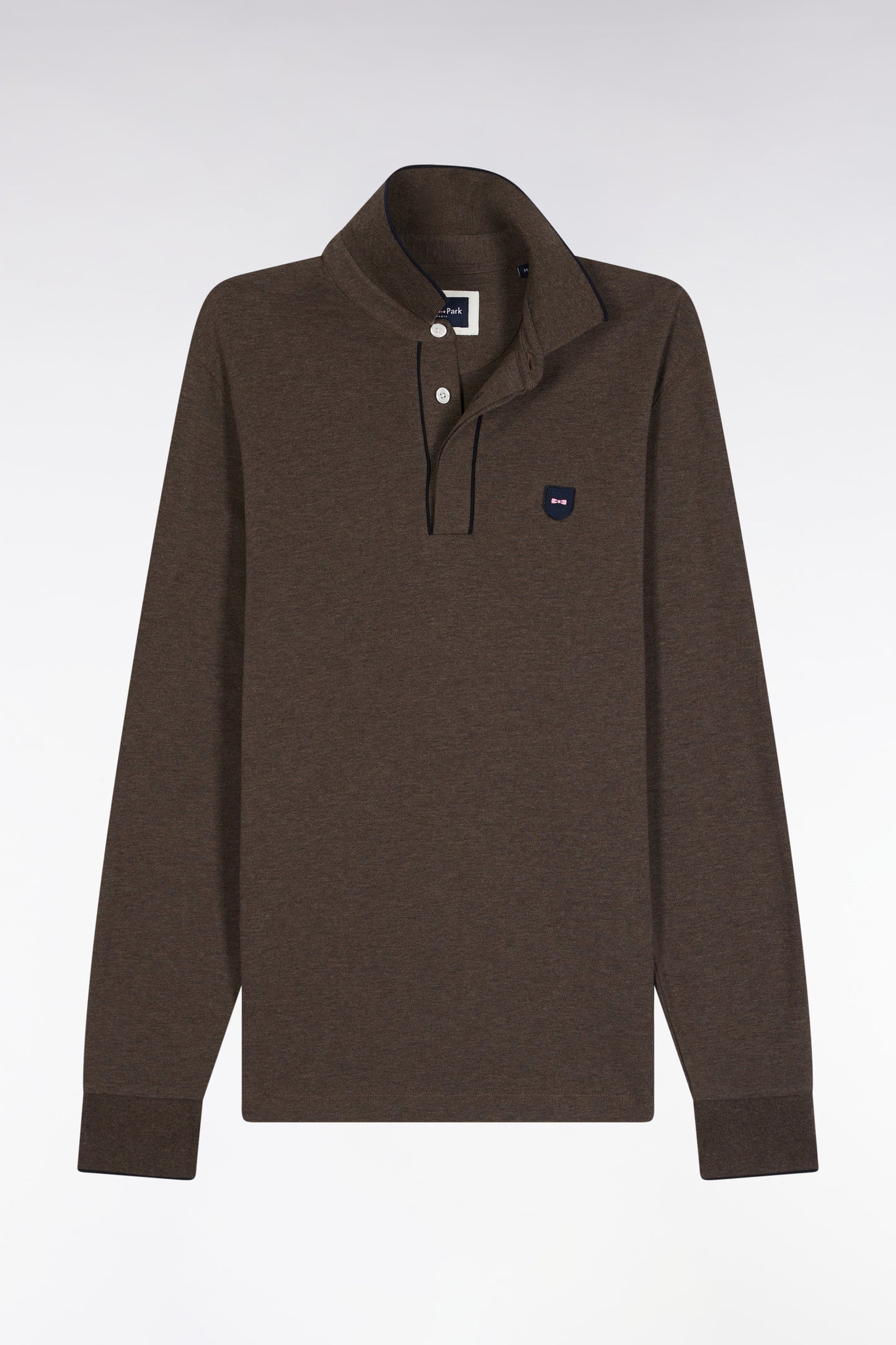 Long-sleeved polo shirt in brown stretch cotton with piping, slim fit
