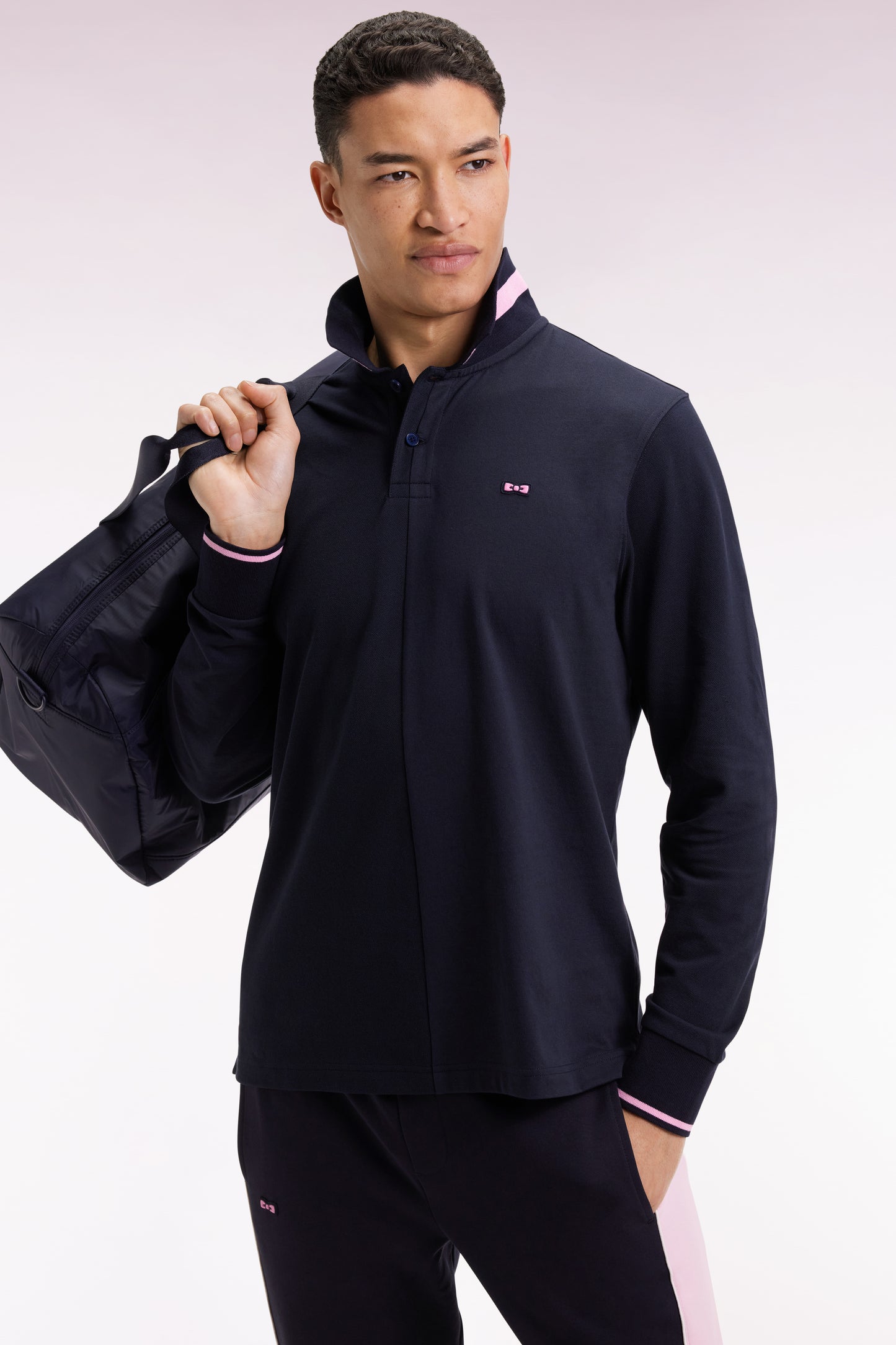 Long-sleeved polo shirt in navy cotton piqué with pink piping Relaxed fit