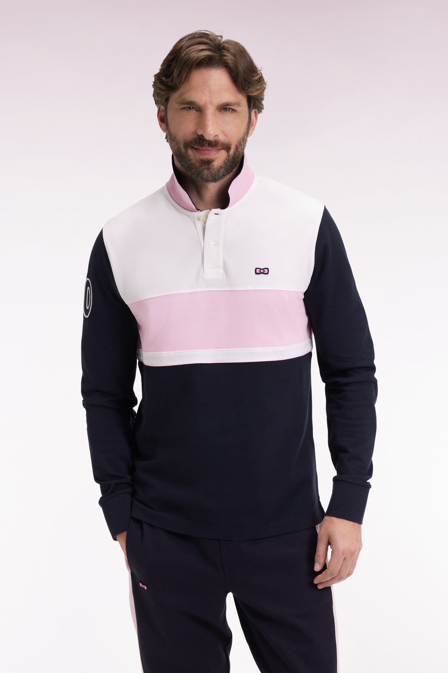 Three-tone long-sleeved polo shirt, regular fit