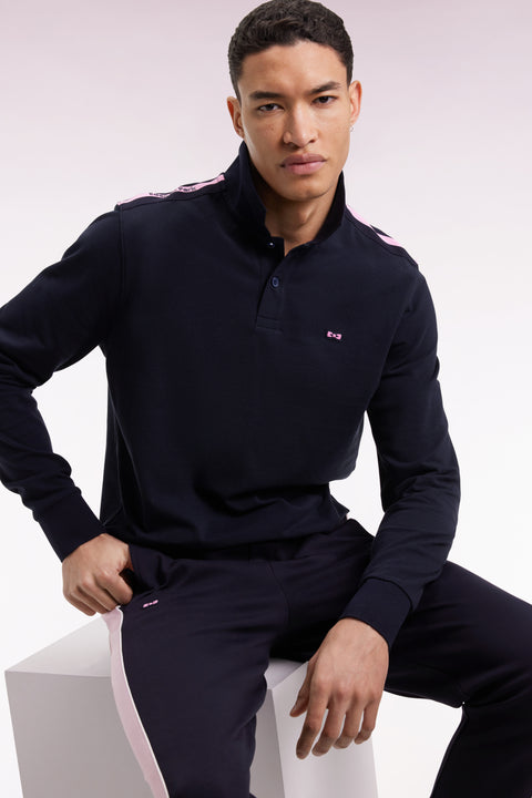 Polo à manches longues en piqué coton marine galon rose siglé - Image 3