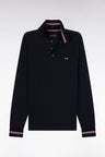 Long-sleeved polo shirt in navy cotton piqué with striped collar.