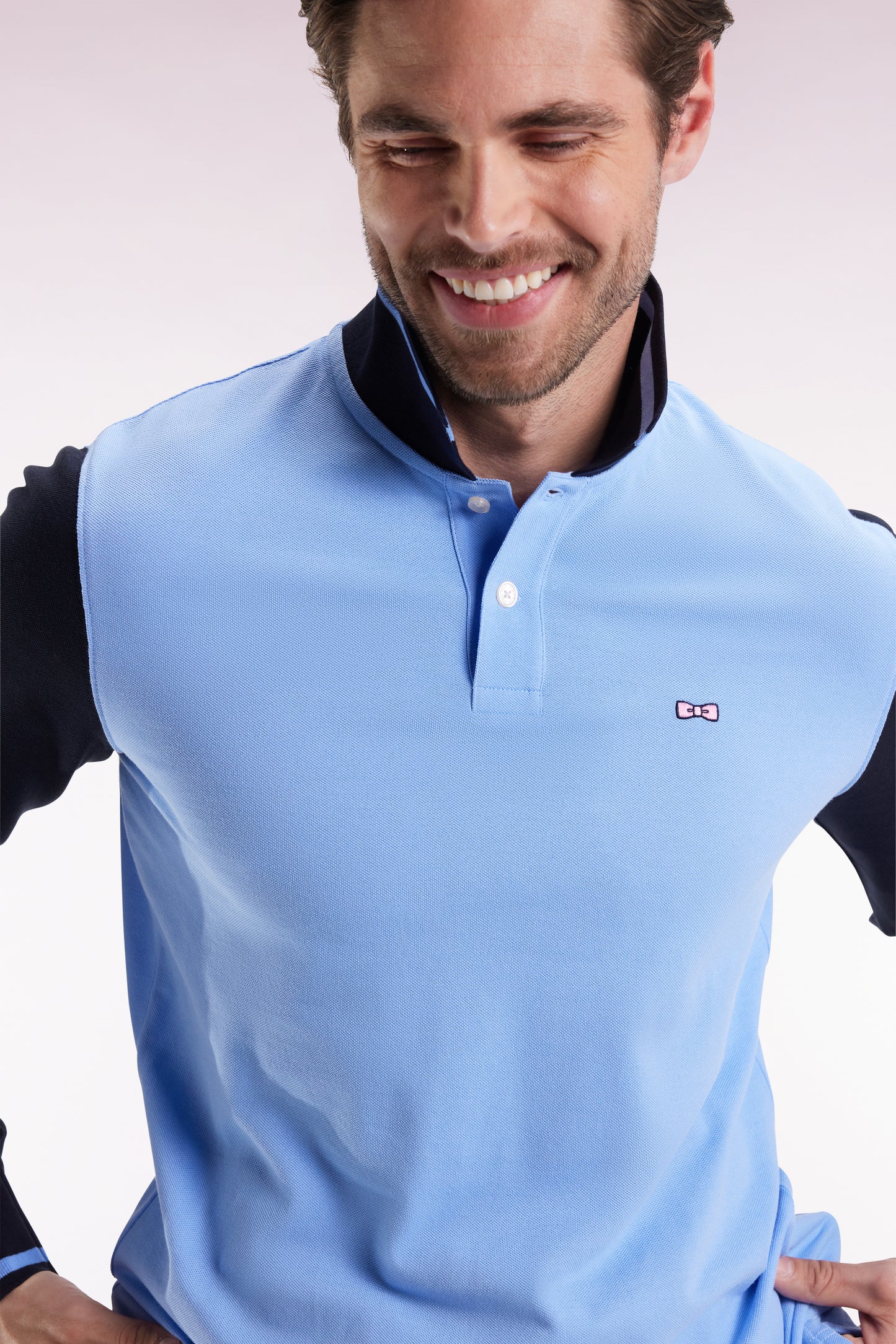 Long-sleeved polo shirt in two-tone cotton piqué with sky embroidery 10