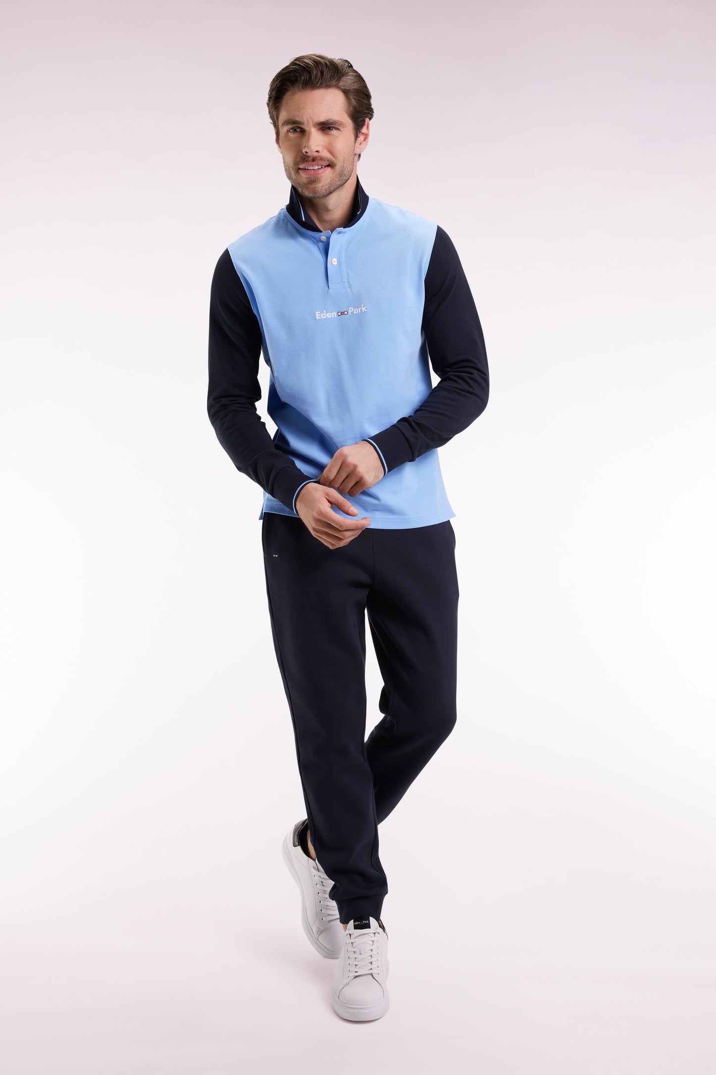 Long-sleeved polo shirt in two-tone cotton piqué with sky blue Eden Park logo