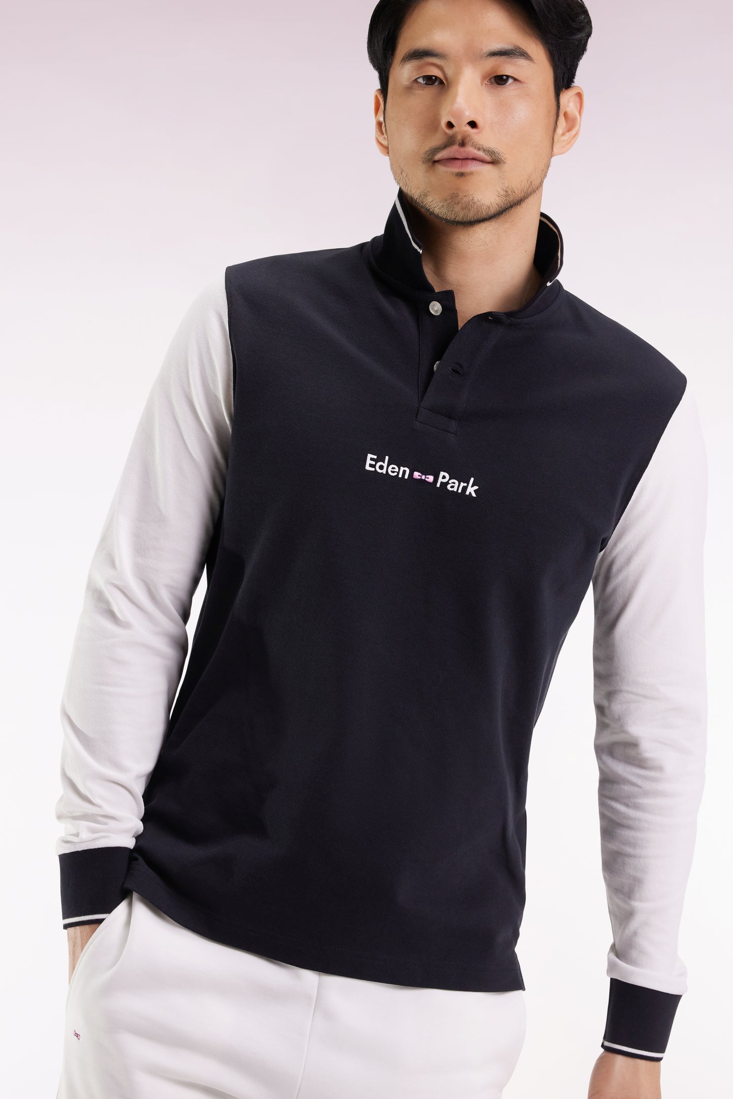 Long-sleeved polo shirt in two-tone cotton piqué with white Eden Park logo