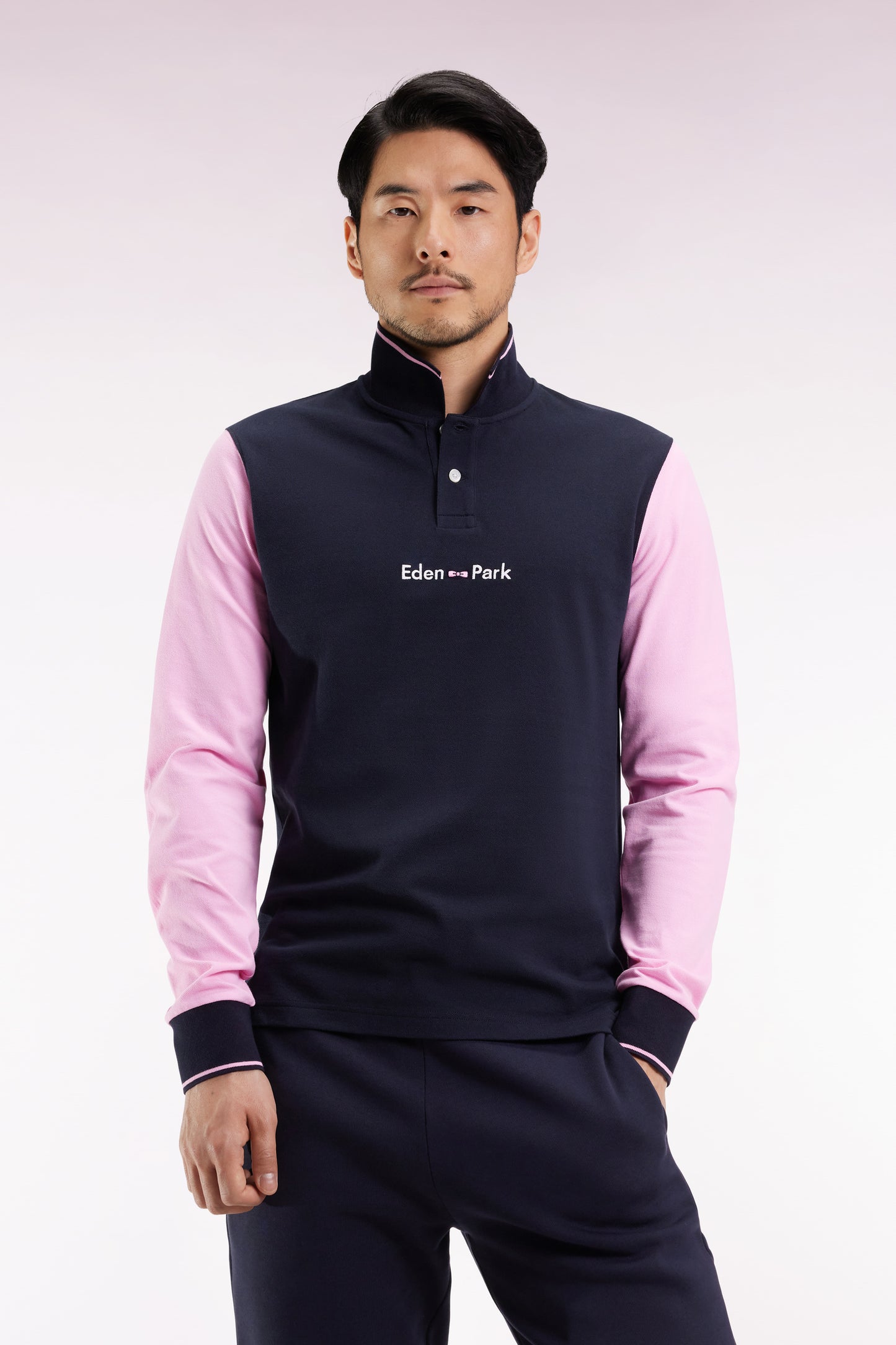 Long-sleeved polo shirt in two-tone pink cotton piqué with Eden Park logo