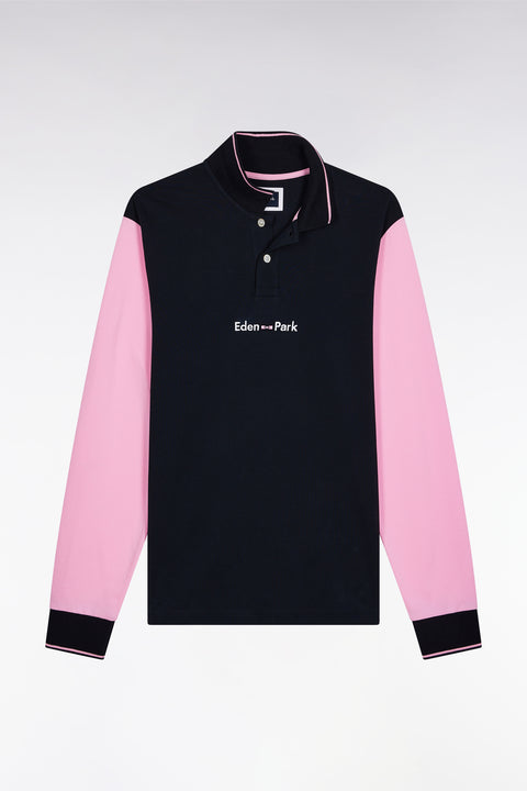 Polo à manches longues en piqué coton bicolore rose logo Eden Park - Image 2