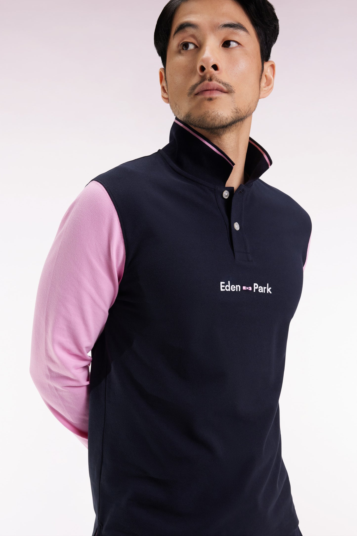 Long-sleeved polo shirt in two-tone pink cotton piqué with Eden Park logo