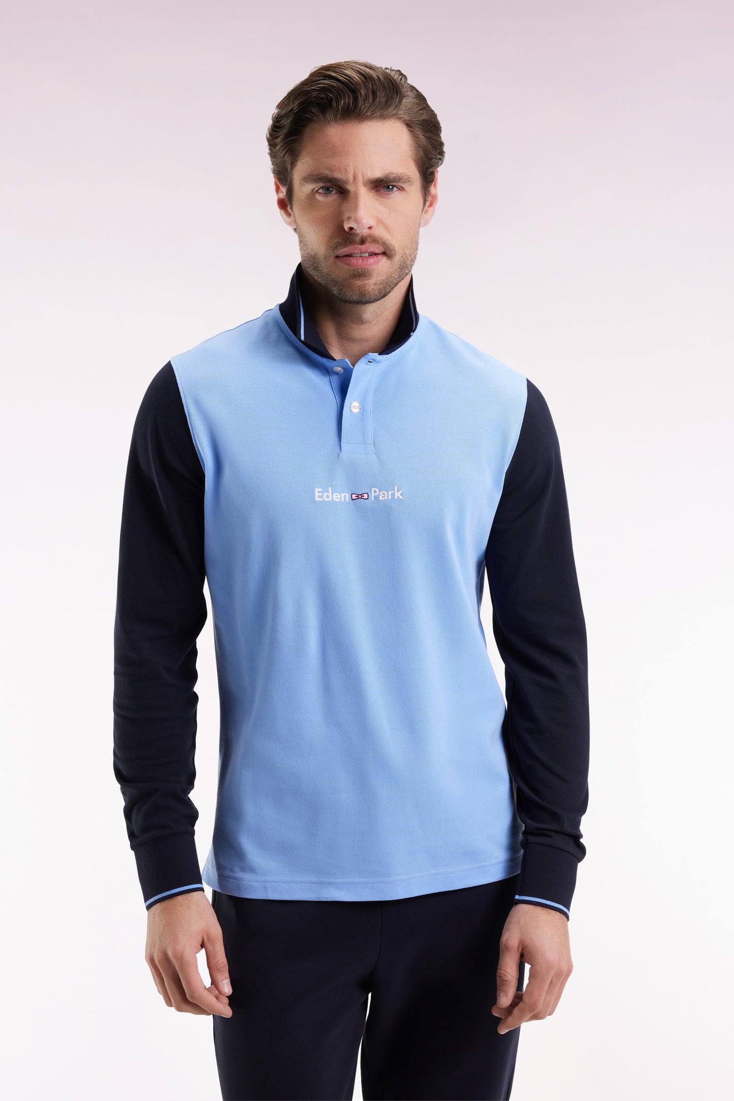 Long-sleeved polo shirt in two-tone cotton piqué with sky blue Eden Park logo