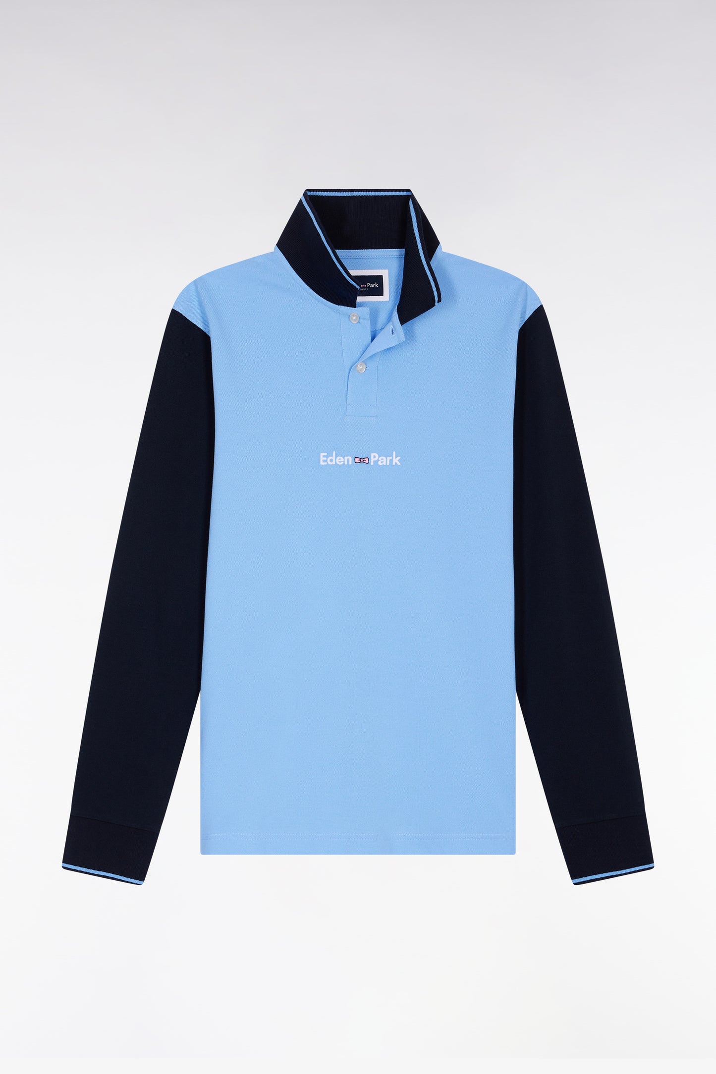 Long-sleeved polo shirt in two-tone cotton piqué with sky blue Eden Park logo