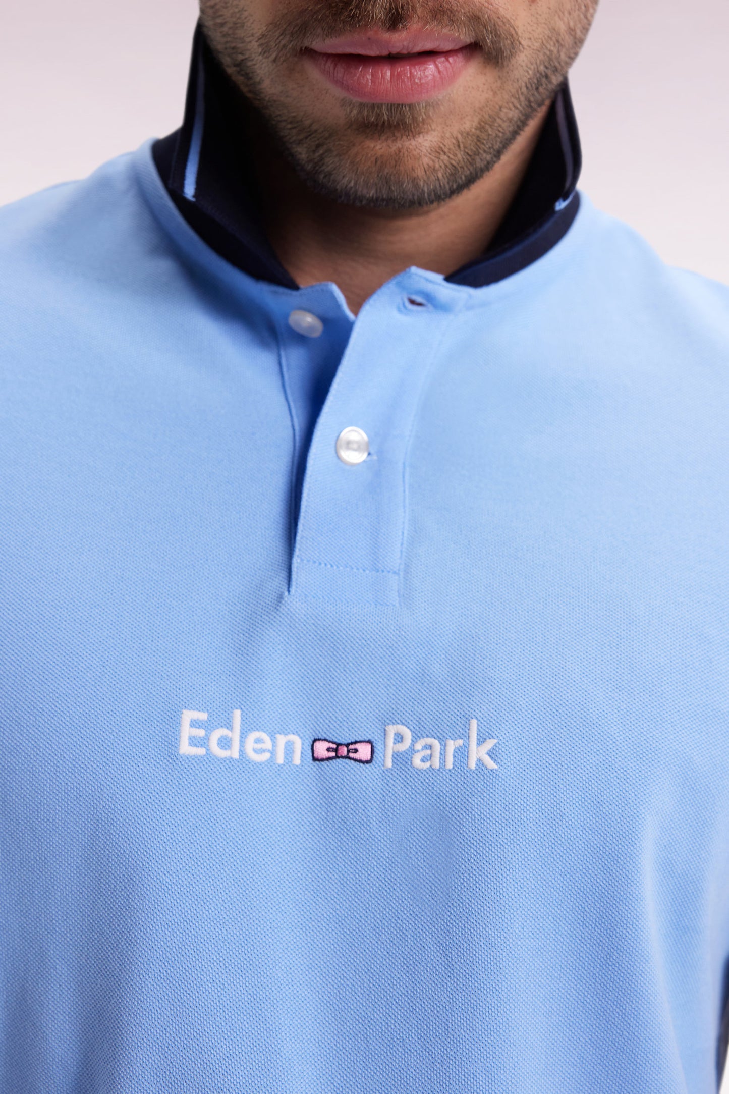 Long-sleeved polo shirt in two-tone cotton piqué with sky blue Eden Park logo