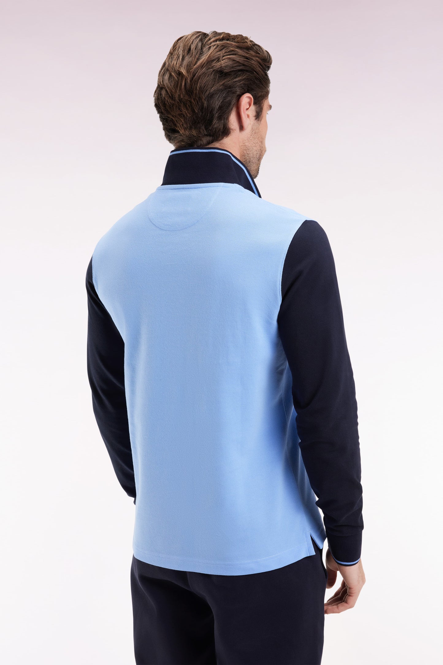 Long-sleeved polo shirt in two-tone cotton piqué with sky blue Eden Park logo