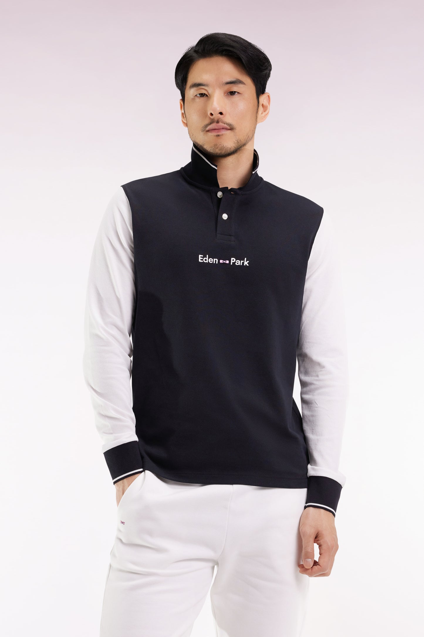 Long-sleeved polo shirt in two-tone cotton piqué with white Eden Park logo