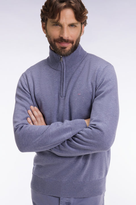 Grey-blue wool and cotton trucker-neck sweater - Image 1