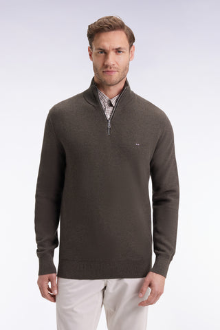 Brown cotton honeycomb trucker-neck sweater