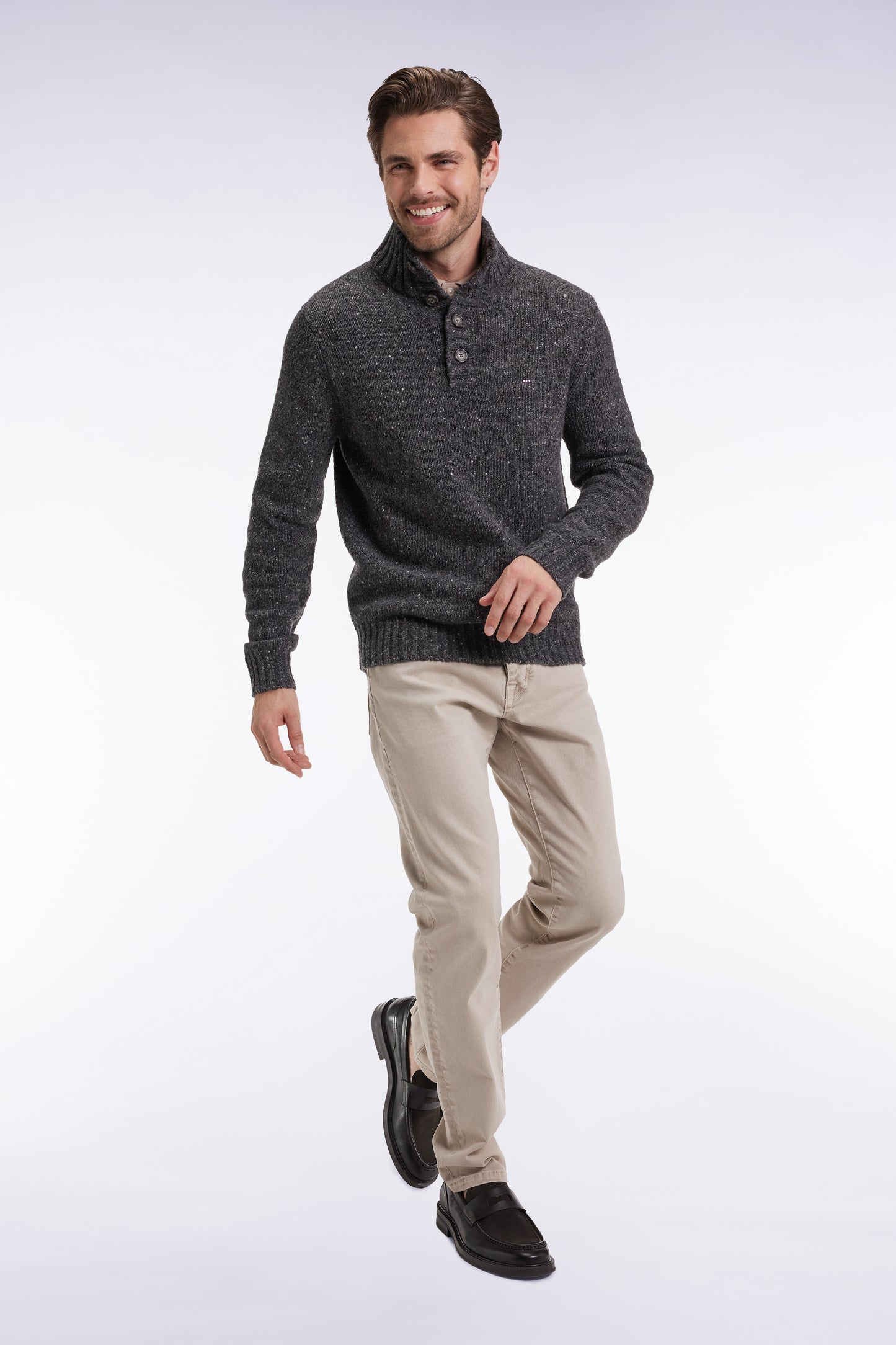 Grey virgin wool blend stand-up collar sweater