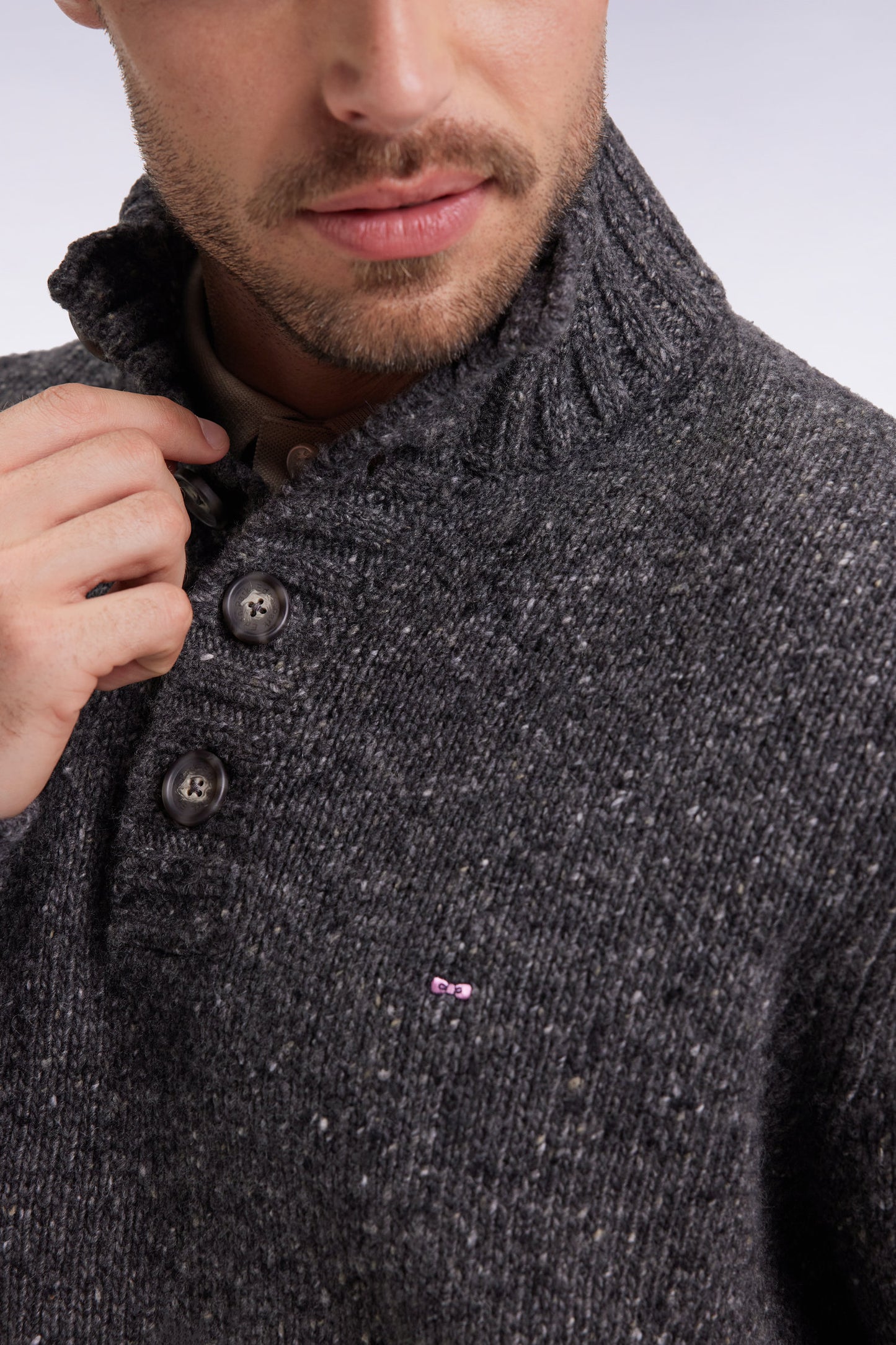 Grey virgin wool blend stand-up collar sweater