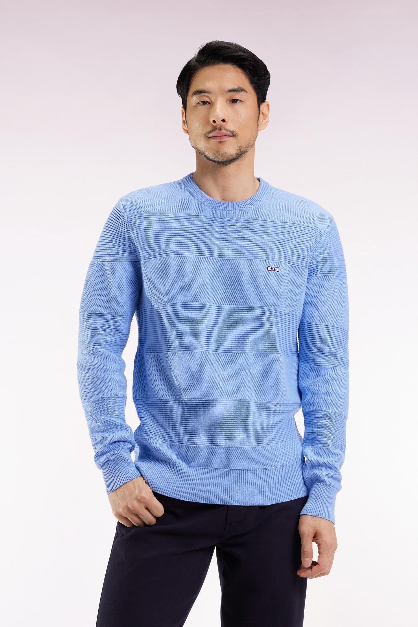 Sky cotton round-neck sweater with stripe effect