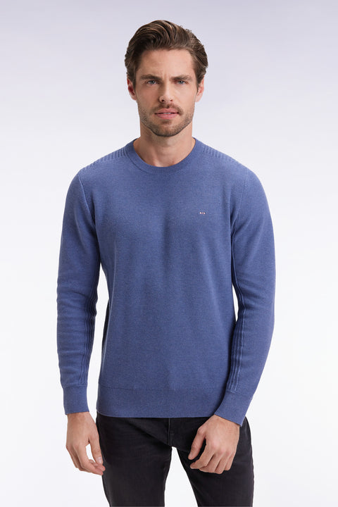 Pull col rond en coton nid d'abeille bleu - Image 1