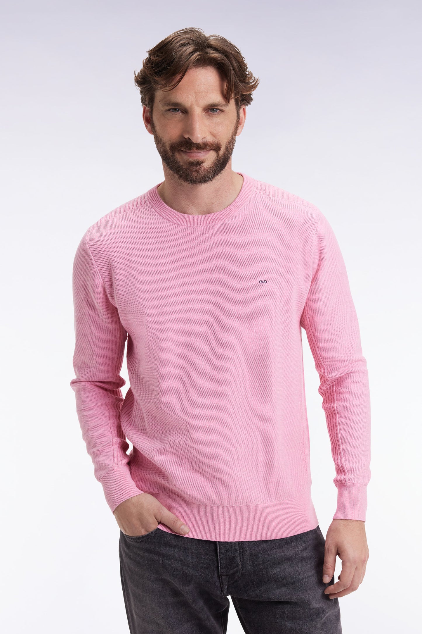 Pull col rond en coton nid d'abeille rose