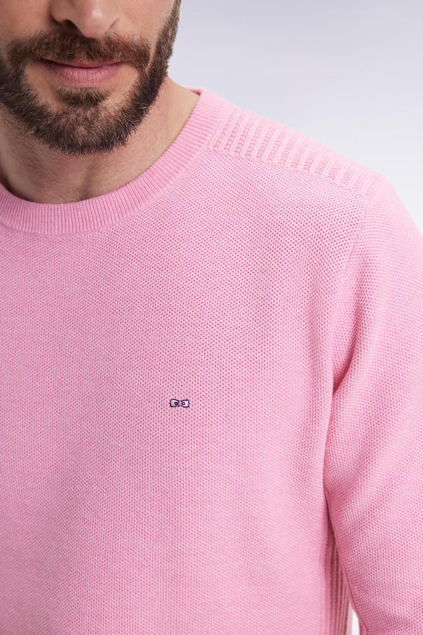 Pull col rond en coton nid d'abeille rose