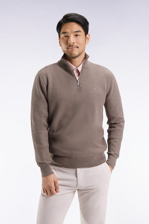 Pull col camionneur en coton nid d'abeille marron - Image 1