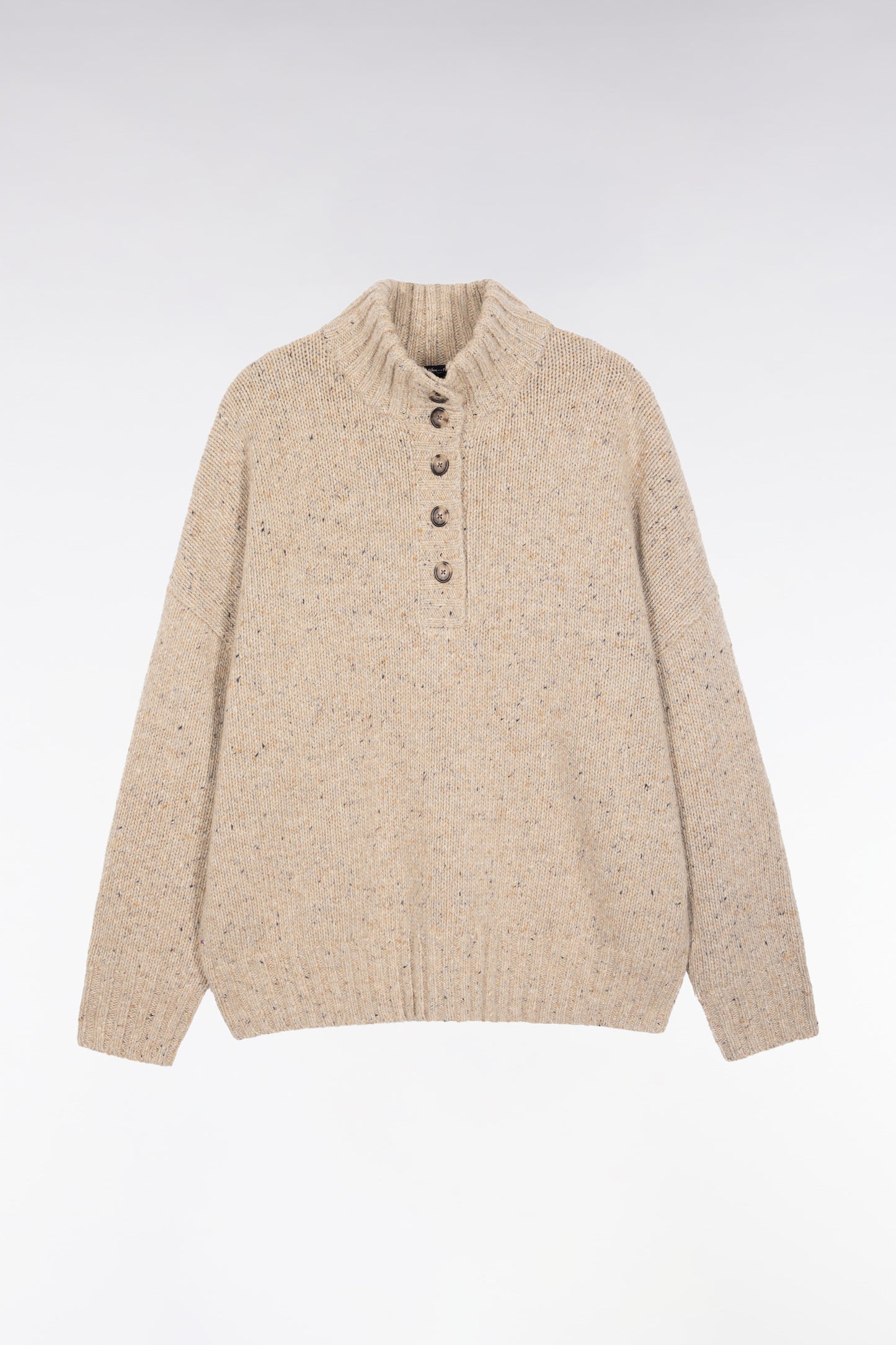 Oversized button-down high-neck sweater in beige wool blend